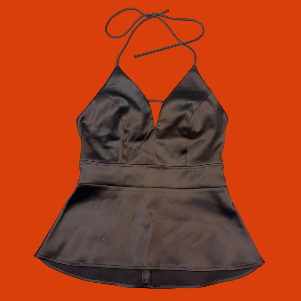 Express Satin Halter Peplum Top 0 Black V-Neck Back Zip